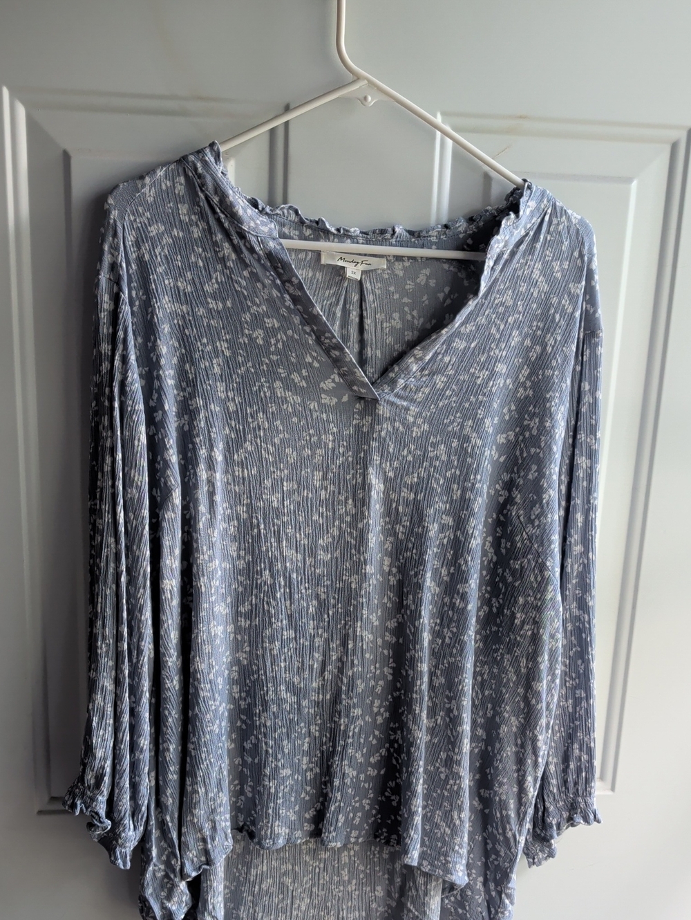 Monday Fun Floral Long‑Sleeve Dress – 2X – Blue & White